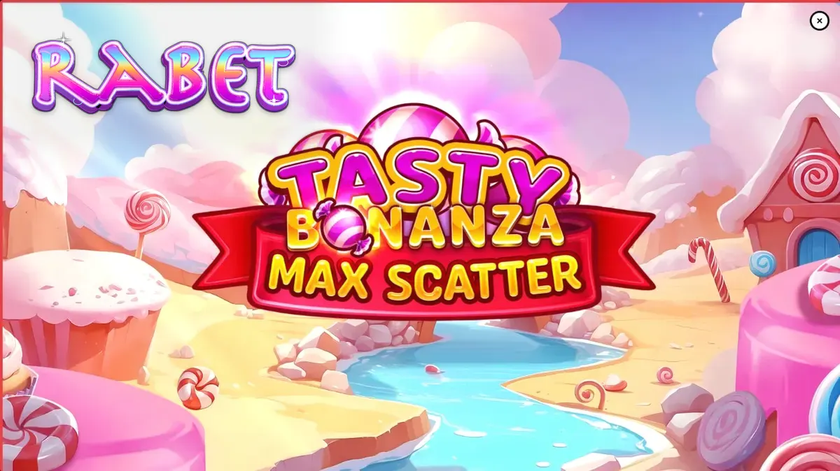 Makulay na interface ng Tasty Bonanza Max Scatter slot na may mga kendi at candy jar.